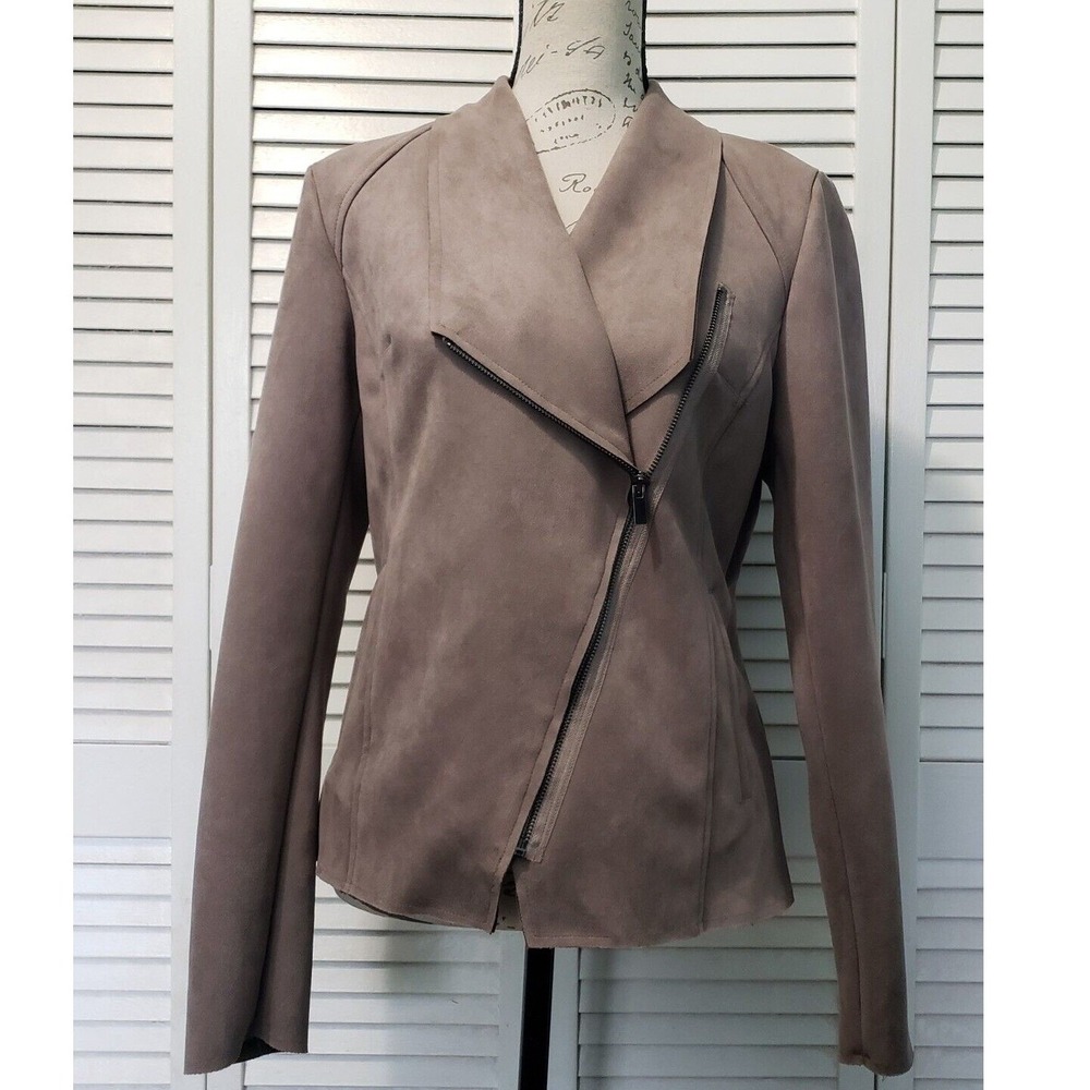 KUT from the Kloth Faux Suede Moto Jacket Women's Large Taupe Asymmetrical Zip